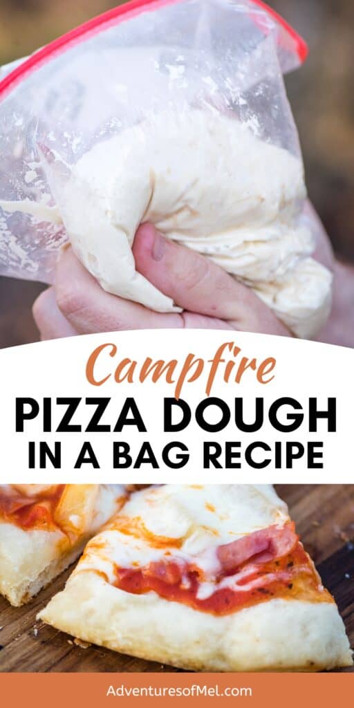 making campfire pizza dough in a bag, pizza slice on wood cutting board