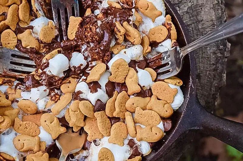 cast iron pan with s'mores dip and forks on stump, camping food