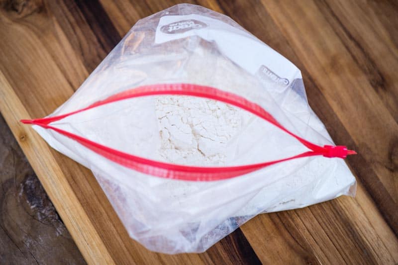 flour and salt for homemade pizza crust in gallon Ziploc bag