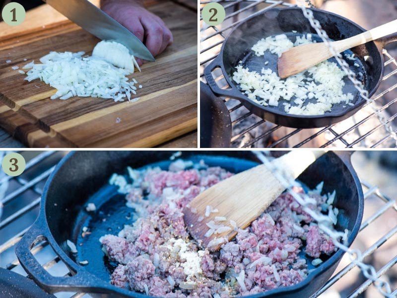 chopping onion, sautéing onion, and cooking ground beef in cast iron skillet over campfire for cheeseburger pizza