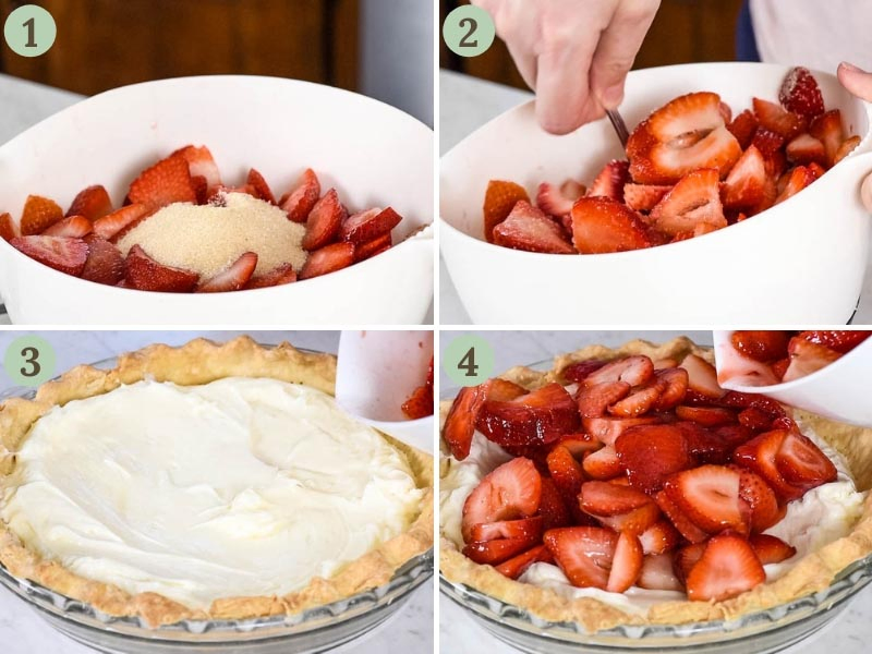 layering a strawberry cream cheese pie with fresh strawberries, mixed with sugar, and a cream cheese filling