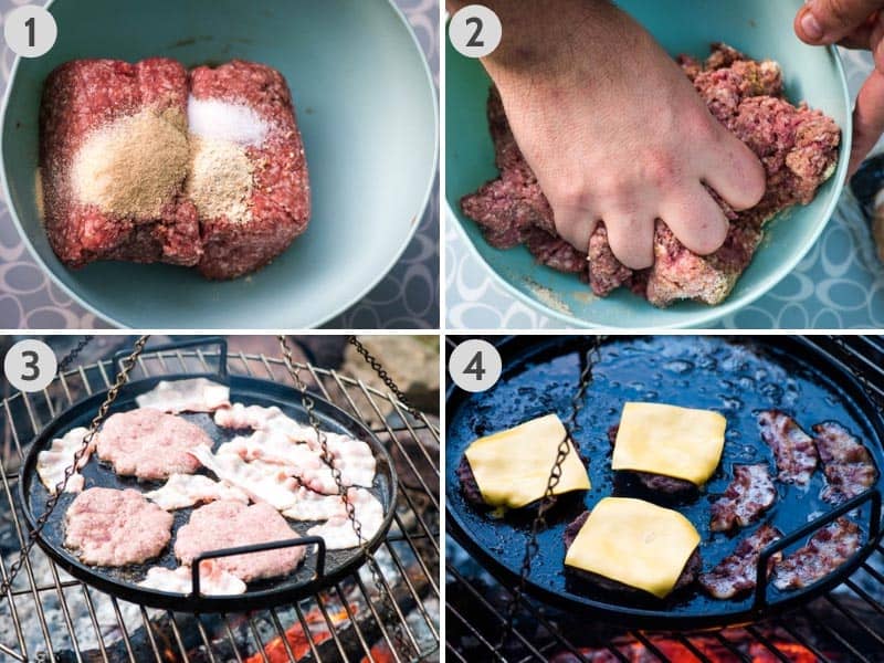 steps for making bacon cheeseburger recipe, including mixing ground beef with seasonings and cooking burger patties with bacon on griddle over campfire