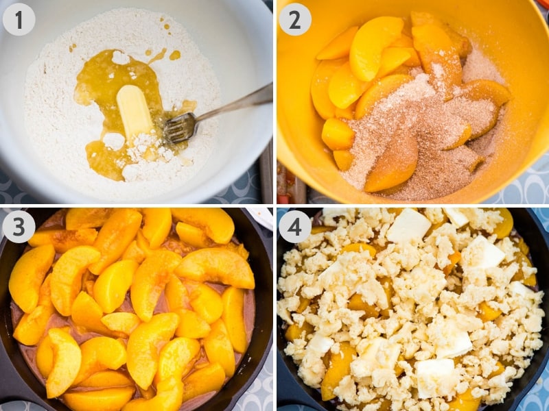 steps to making canned peach cobbler, including mixing the crust, mixing the peach filling, and layering it in a cast iron skillet with crumb topping