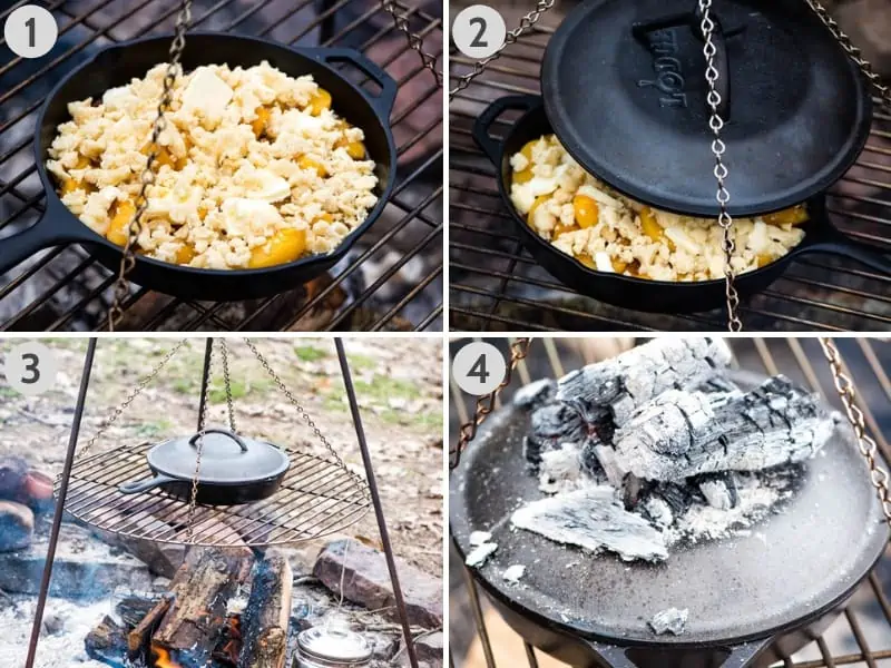 steps for how to cook peach cobbler over the campfire in a cast iron skillet with lid