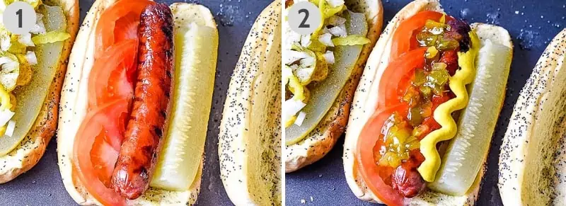 steps for making Chicago hot dog recipe, including layers of pickle spear, tomato wedges, yellow mustard, and pickle relish