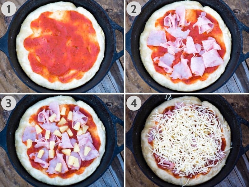 steps for making Hawaiian cast iron pizza in a cast iron skillet, including layering pizza sauce, ham, pineapple, and mozzarella cheese onto the pizza crust