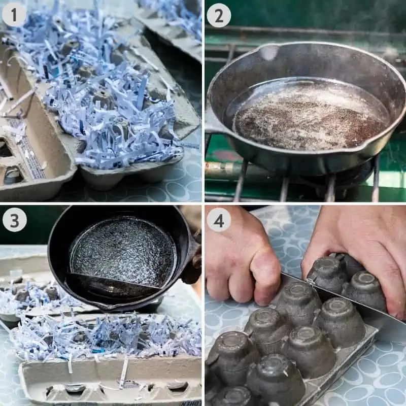 steps for making fire starters using an egg carton, paper shreds, and melted paraffin wax, also cutting the egg carton apart with knife