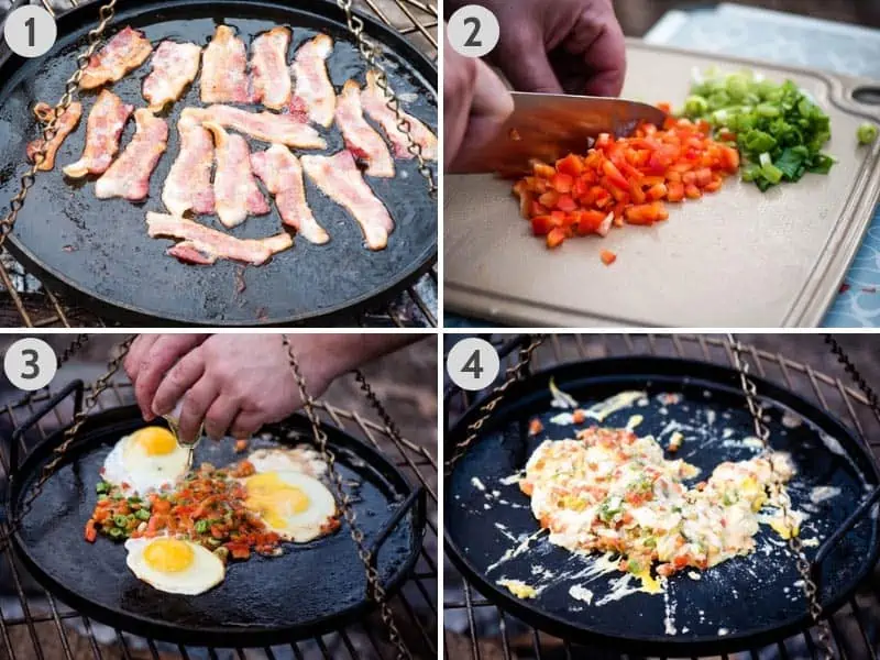 how to make camping breakfast burritos by cooking bacon, bell pepper, green onions, and eggs on cast iron griddle over campfire