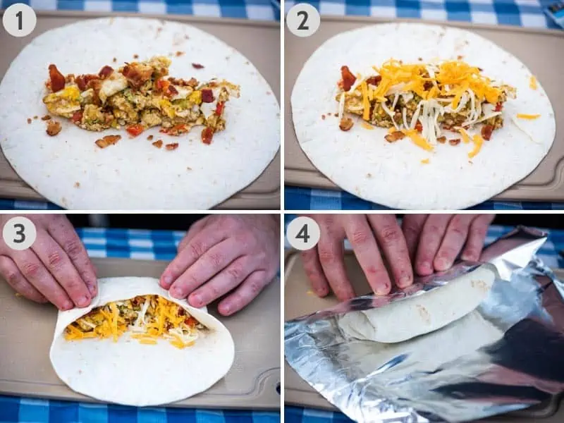 how to make bacon, egg, and cheese breakfast burritos by adding eggs and cheese to flour tortilla, wrapping the burrito, and then wrapping in aluminum foil for cooking