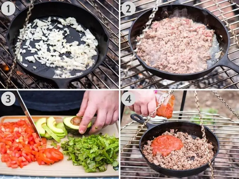 cooking taco meat in cast iron skillet over campfire and prepping campfire tacos toppings on cutting board