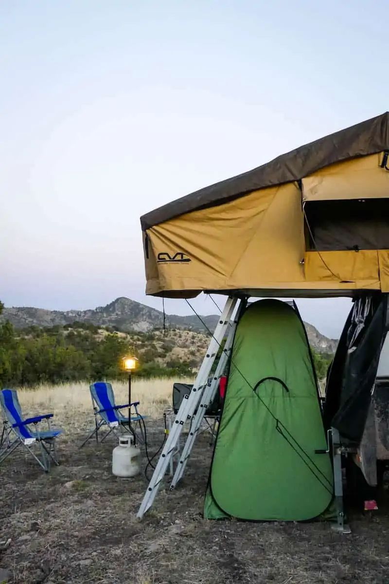 rooftop tent in one of many free campsites in New Mexico mountains