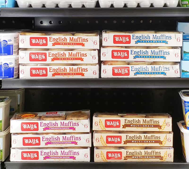 Bays English Muffins on the shelf at the grocery store