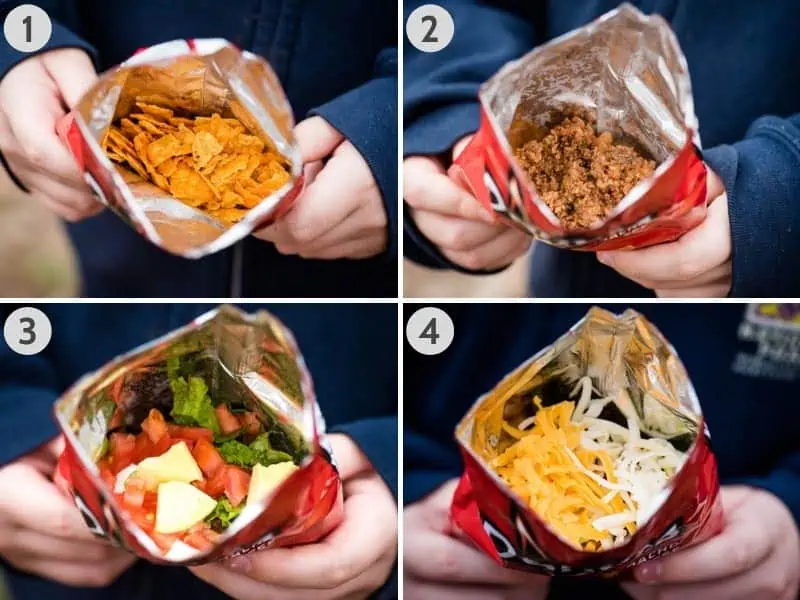 how to make camping walking tacos by layering ingredients in Doritos chip bag