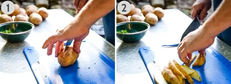 how to cut steak fries out of Russet potatoes with large knife on blue cutting board