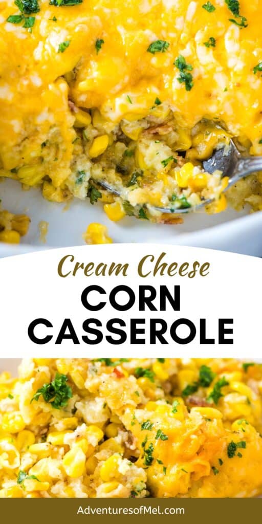 cream cheese corn casserole in baking dish and up close