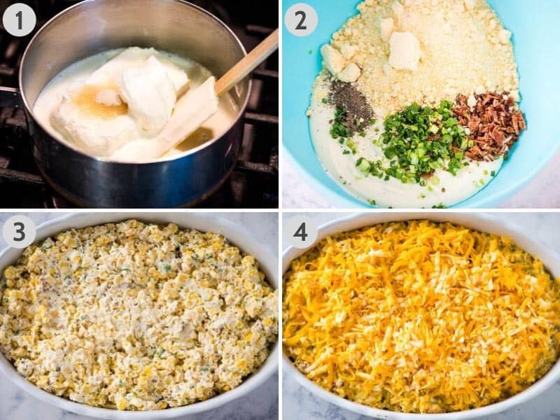 steps for how to make corn casserole including sauce pan on stovetop, mixing ingredients in blue mixing bowl, and layering casserole in baking dish