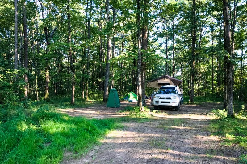free camping in Arkansas in the Ozark National Forest with rooftop tent and white Toyota 4Runner