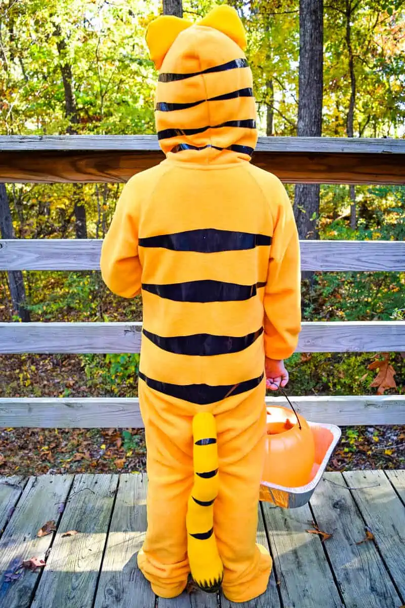 Garfield Halloween costume made with footie pajamas and black Duck Tape