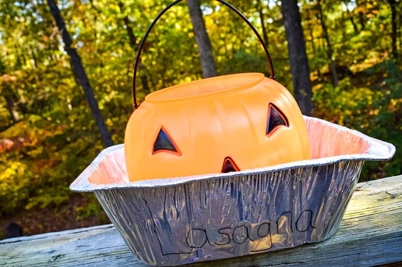 lasagna trick or treat bucket to go with homemade Garfield costume