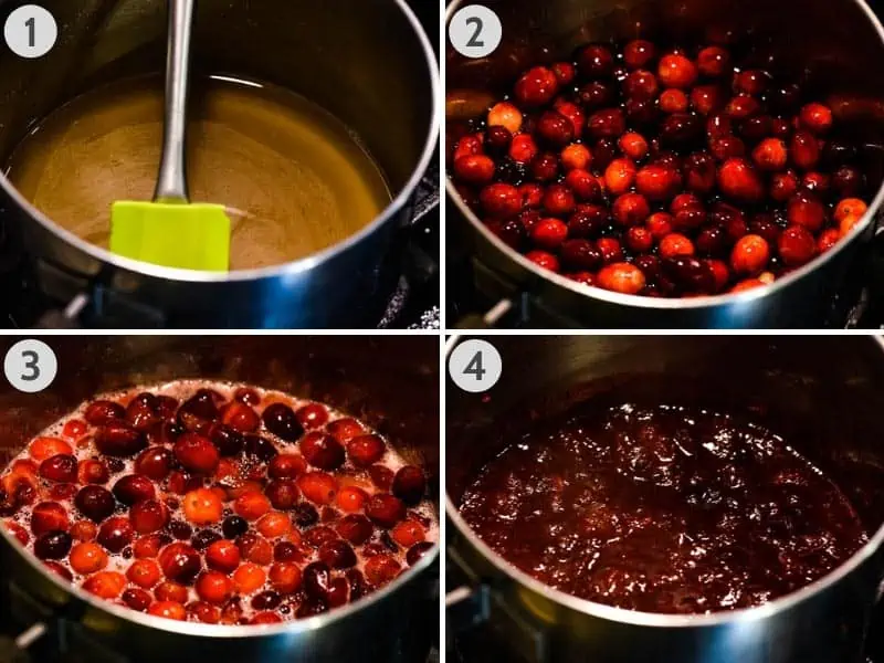 steps for how to make homemade cranberry sauce with fresh cranberries in saucepan with spatula