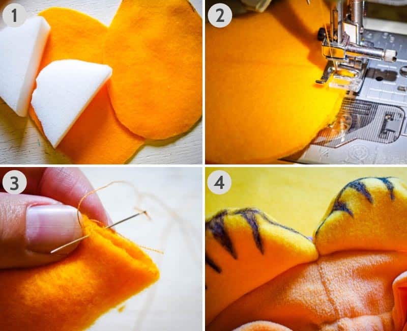 how to make a Garfield costume by sewing the ears and tacking them to hoodie pajamas, then adding stripes with a black fabric marker