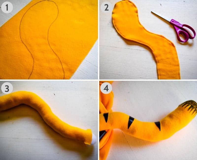 how to make a Garfield costume by making a tail out of fleece fabric, quilt batting, black Duck tape, and a black fabric marker