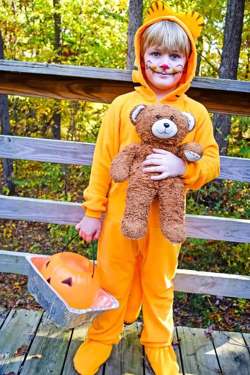 Garfield costume DIY with Pooky the Teddy Bear and costume makeup whiskers