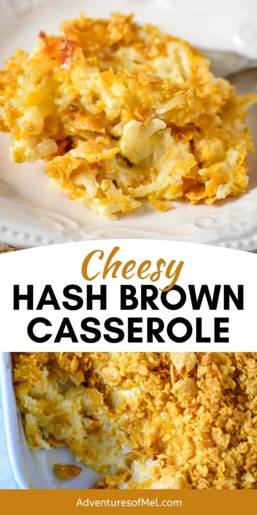 scoop of hash brown casserole on white plate, scooped shredded potato casserole in baking dish
