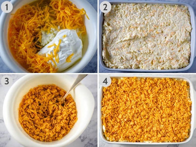 steps for how to make cheesy hashbrown casserole by mixing ingredients in dish, spreading into baking dish, and topping with slightly crushed Corn Flakes