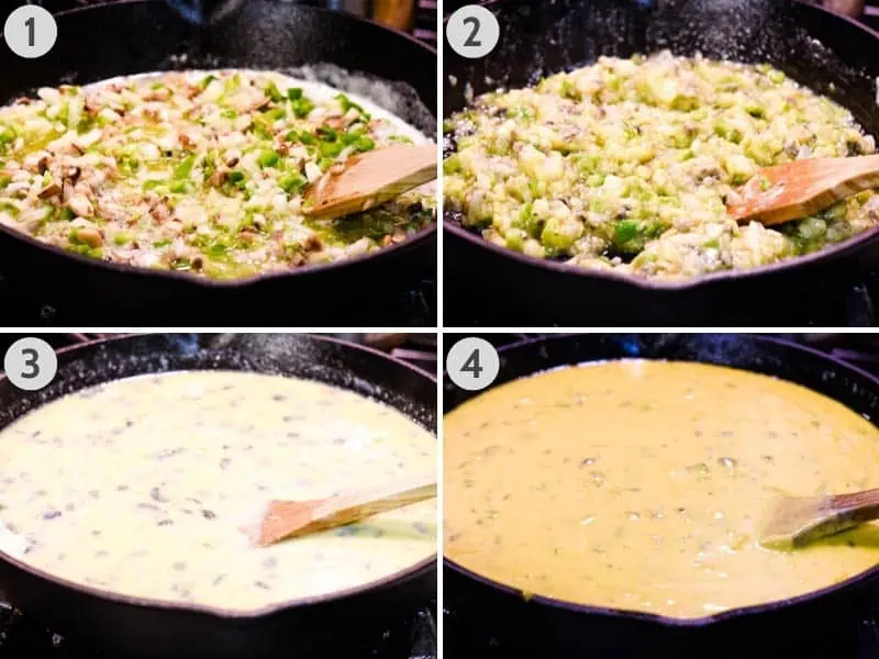 steps for how to make turkey tetrazzini cheese sauce in cast iron skillet with wooden spatula