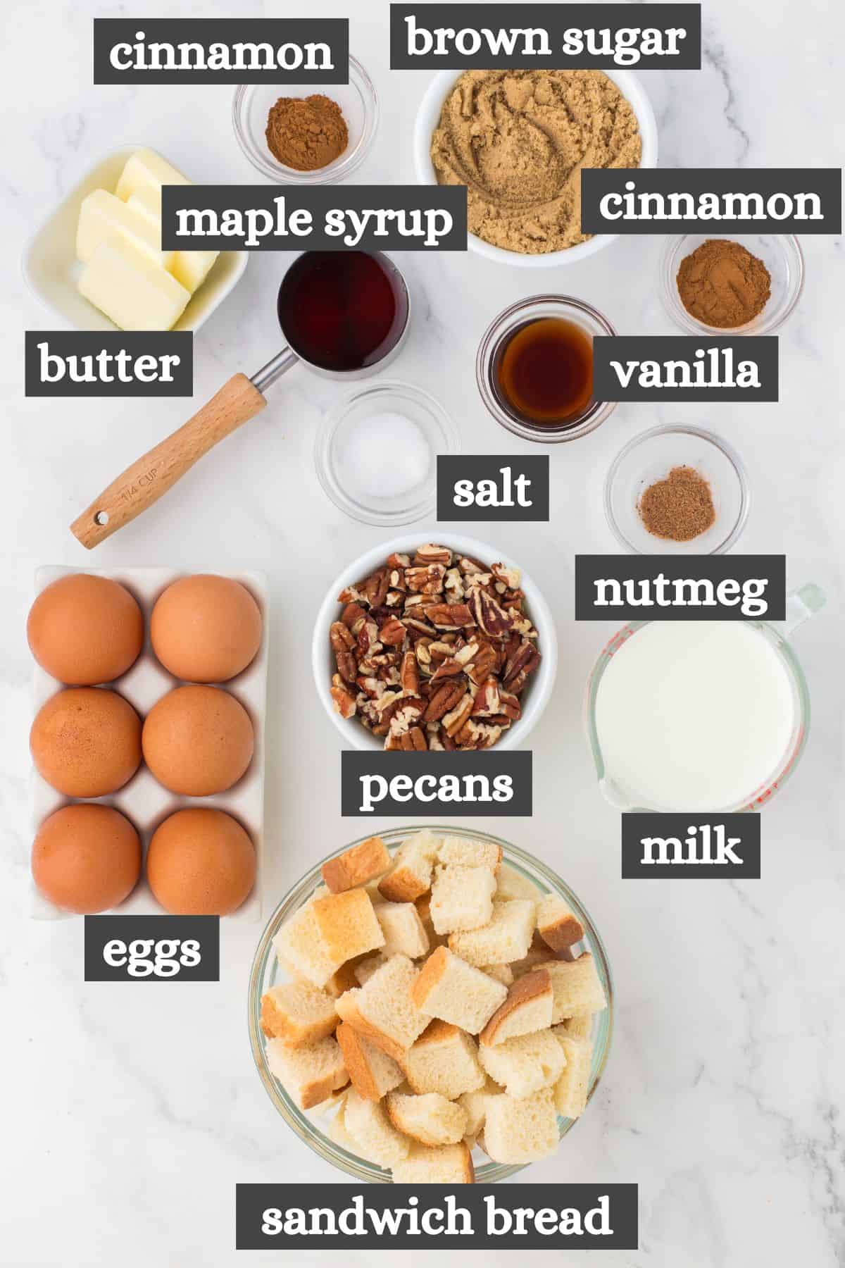 crockpot French toast casserole ingredients lined out on a white countertop