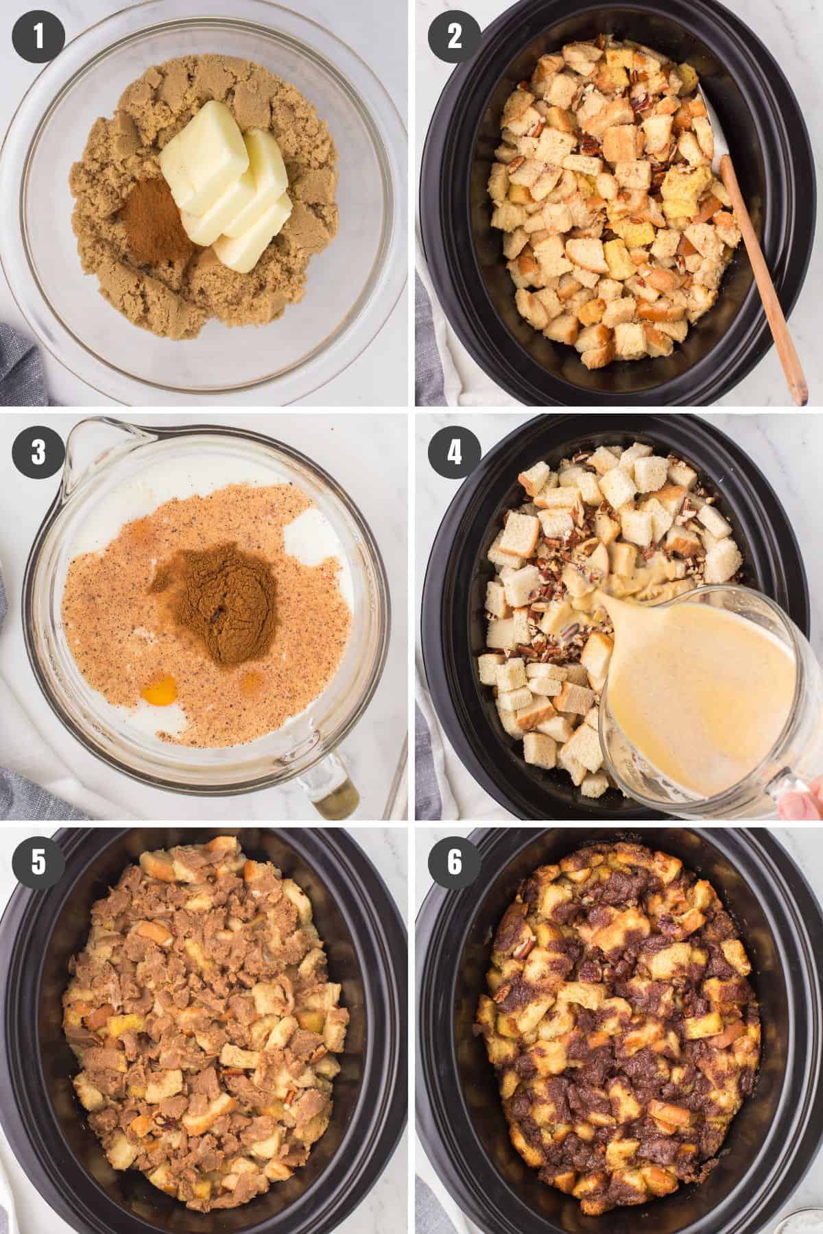 6 step photo collage showing how to make French toast casserole in the Crock Pot
