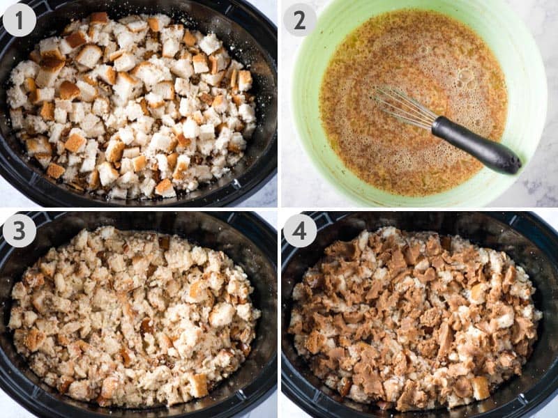 steps for how to make slow cooker French toast by layering ingredients in slow cooker and whipping up egg mixture in mint green bowl