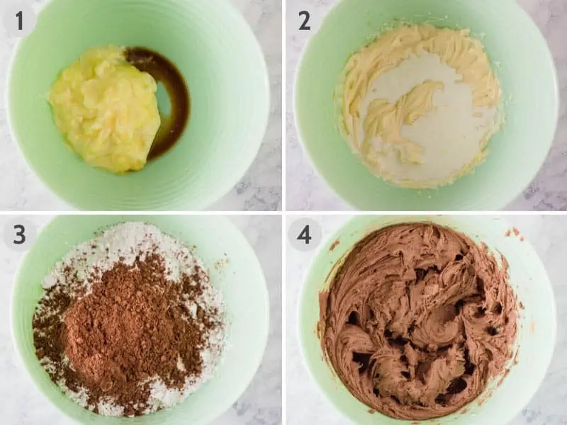 steps for how to make chocolate buttercream frosting in mint green mixing bowl: 1. mixing together softened butter, vanilla extract, and almond extract; 2. mixing in heavy whipping cream; 3. adding in powdered sugar and cocoa powder; and 4. smooth, creamy, chocolate buttercream frosting