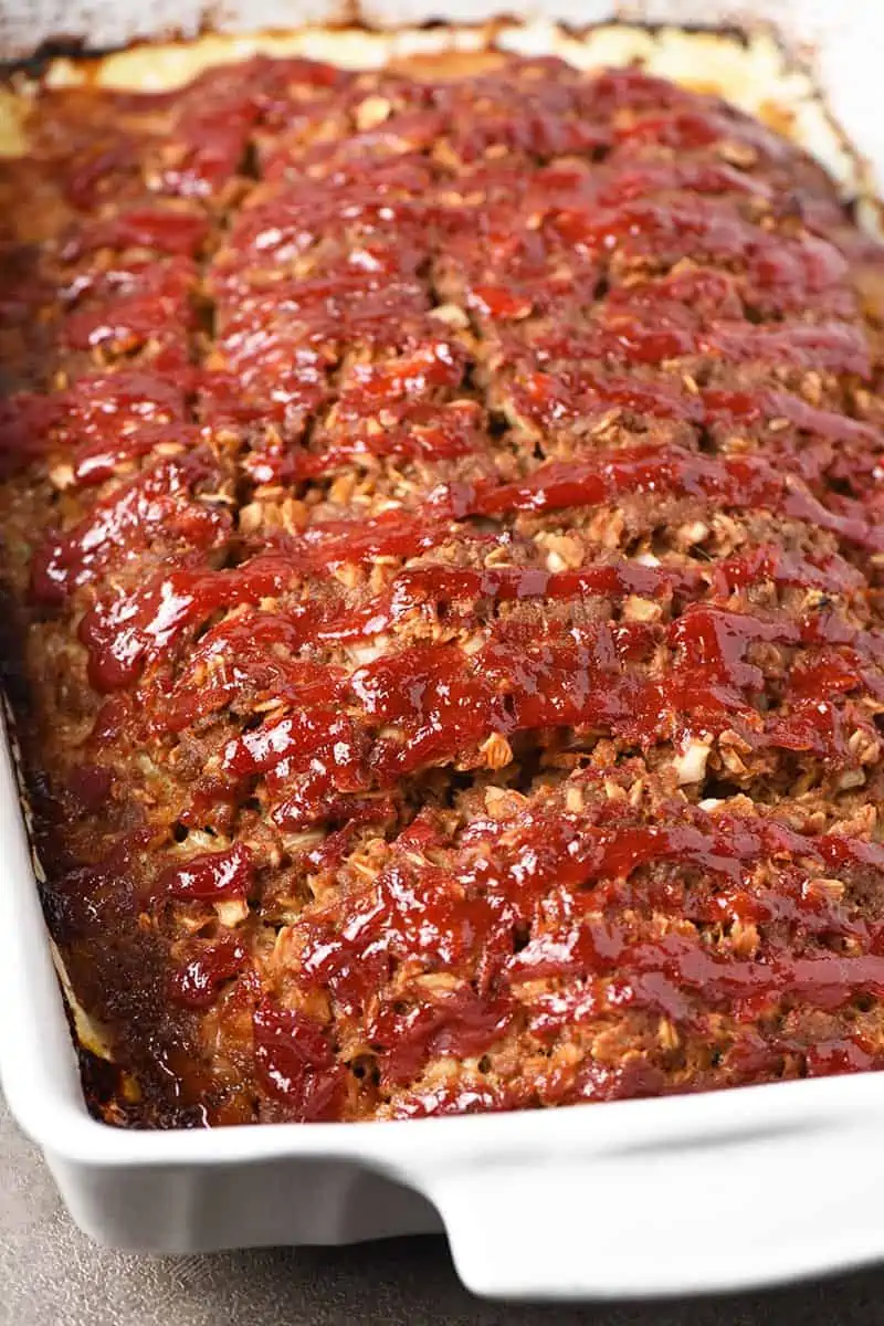 meatloaf with oatmeal baked in white baking dish