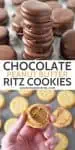 Chocolate Covered Ritz Crackers with Peanut Butter stacked and sandwiching before dipping