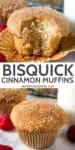bite out of cinnamon muffin, Bisquick cinnamon muffins text, and whole cinnamon muffin on white marble countertop