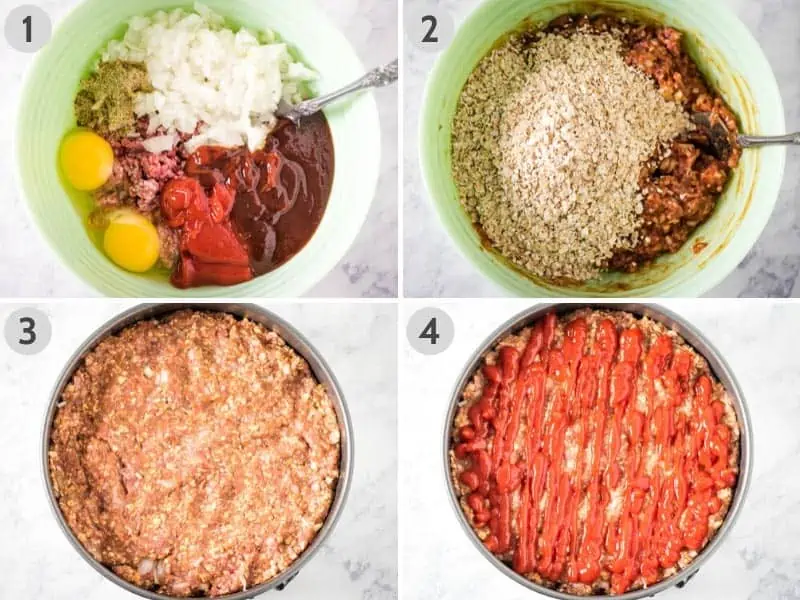 steps for how to make Instant Pot meatloaf, including mixing ingredients in mint green mixing bowl and shaping meatloaf in springform pan, then drizzling with ketchup
