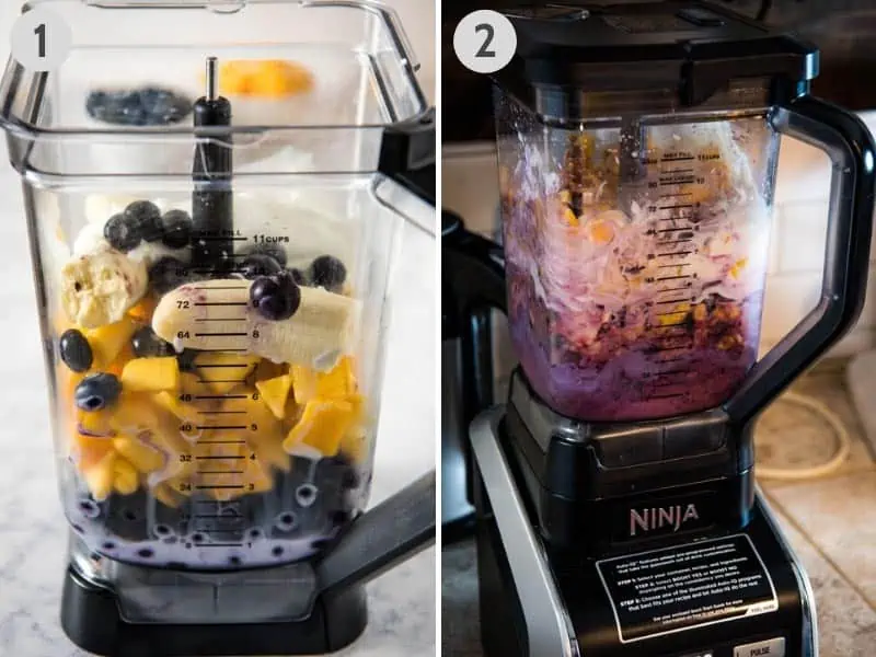 blending up frozen blueberries, frozen mango, banana, Greek yogurt, milk, and honey in Ninja blender to make smoothies