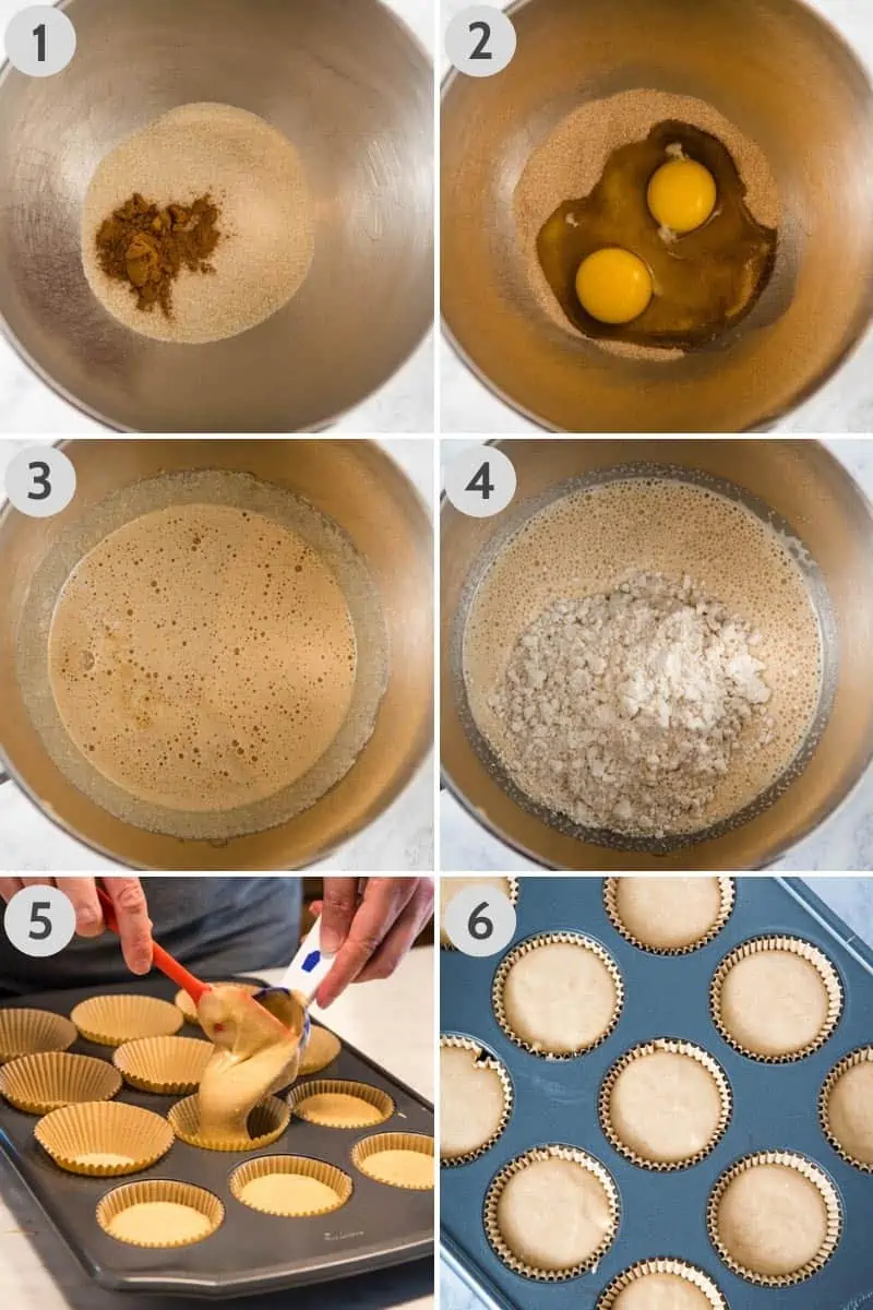 how to make Bisquick muffins, adding sugar, cinnamon, eggs, milk, vanilla, and Bisquick mix to KitchenAid mixing bowl, then scooping batter into muffin tin with cupcake scoop