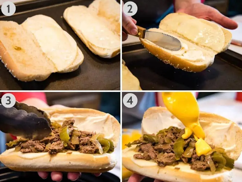 making Philly cheesesteak sandwich with hoagie rolls, provolone cheese, mayo, sirloin steak and vegetables, and Cheez Whiz