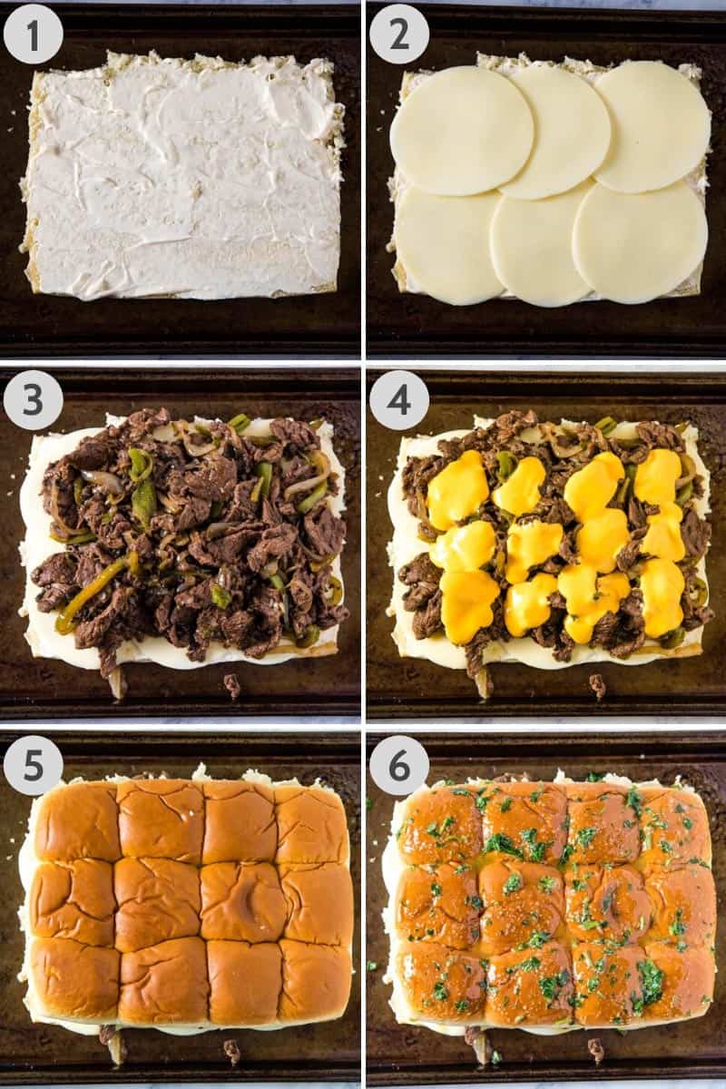 layering and making Philly cheesesteak sliders with Hawaiian Rolls, provolone cheese, cheese steak meat and vegetables, Cheez Whiz, and garlic butter on baking sheet