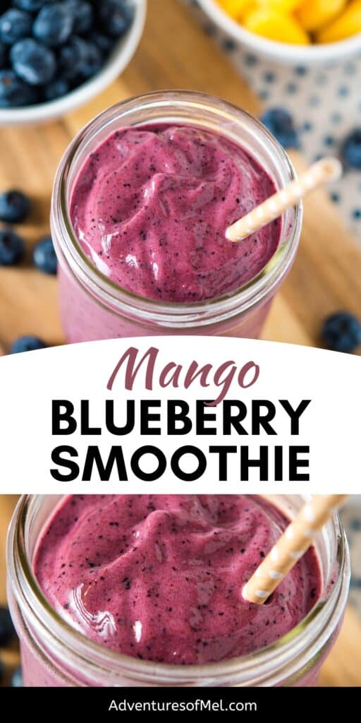 mango and blueberries with mango blueberry smoothie in jar with straw, up close mango blueberry smoothie