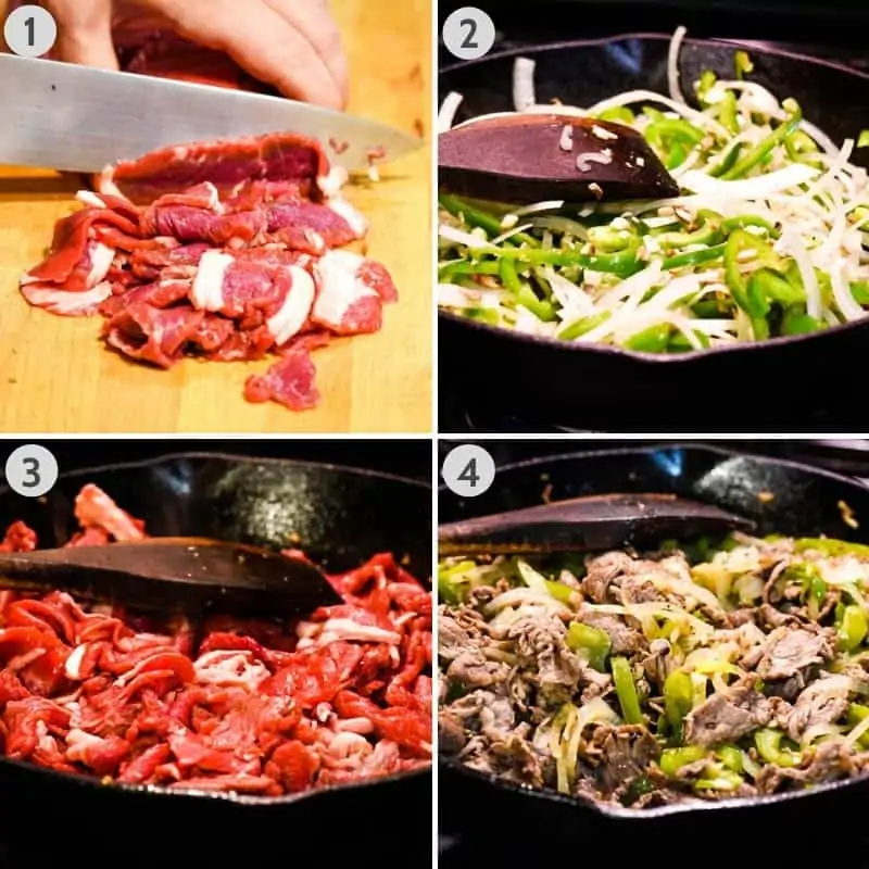 How to slice steak thinly for cheesesteaks on wooden cutting board and how to cook Philly cheesesteak meat, onion, and peppers in a cast iron skillet