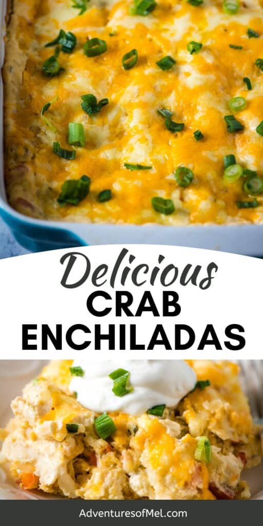 white baking dish full of crab enchiladas, serving of seafood enchiladas on plate