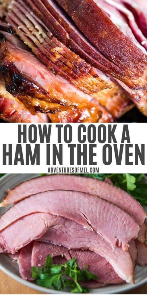 double image of how to cook a ham in the oven, picture of spiral cut bone-in ham, baked ham slices on gray plate with parsley