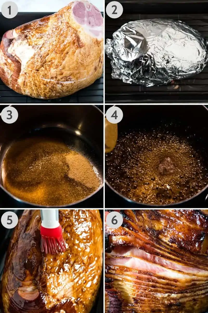 steps for how to cook a ham in the oven, using roasting pan, and how to glaze the ham with a basting brush