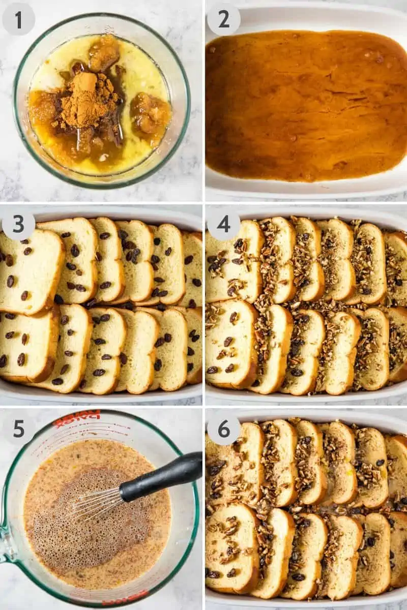 steps for how to make brioche French toast casserole, using glass mixing bowl, baking dish, and Pyrex measuring cup