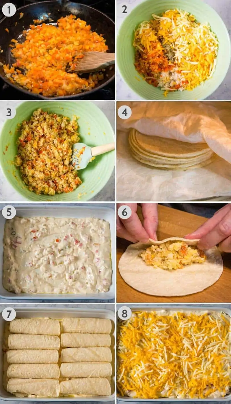 how to make and assemble crab enchiladas with white sauce in baking dish