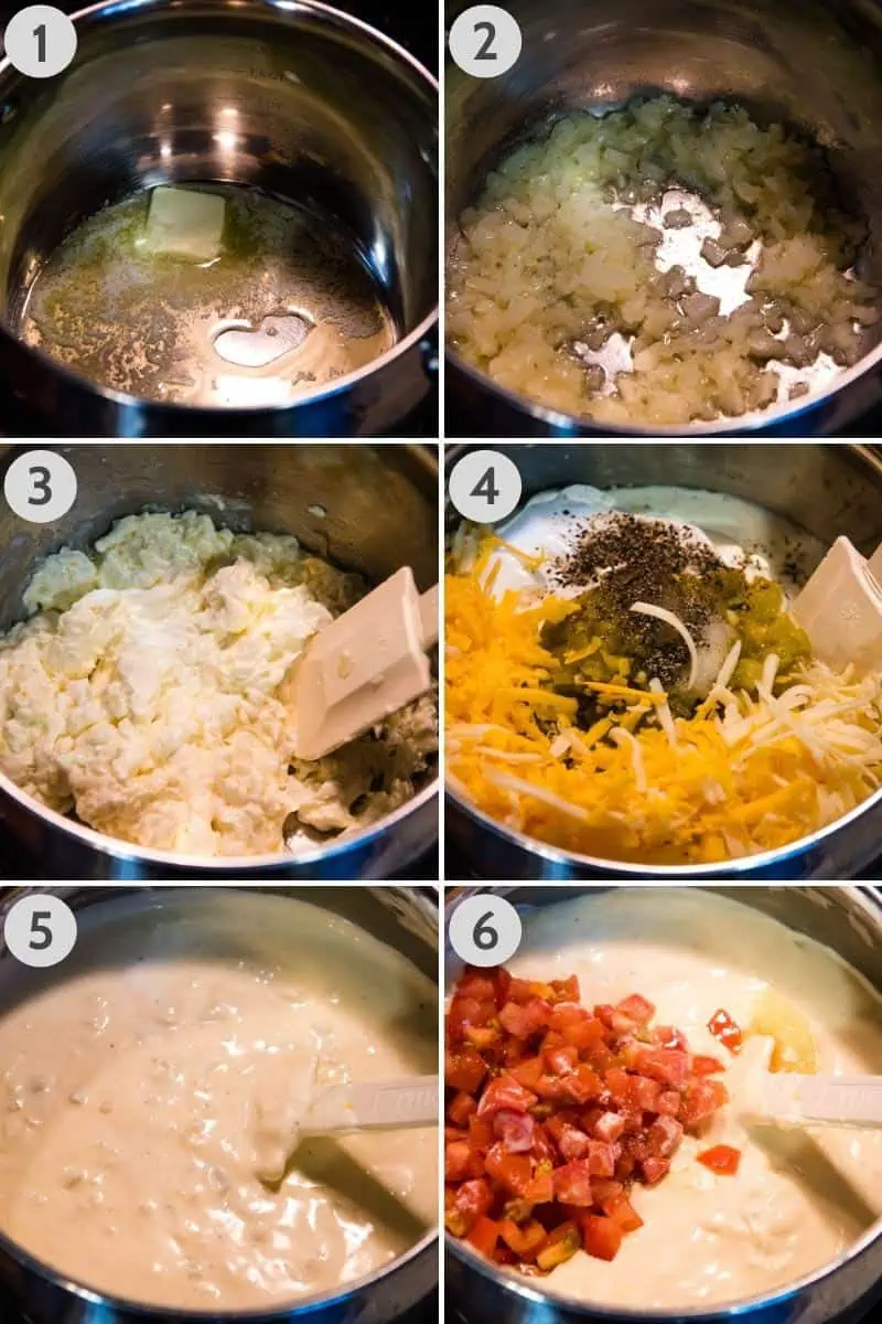 how to make a sour cream white sauce for enchiladas, by melting butter in saucepan, sautéing onion, adding cream cheese and other ingredients, along with fresh tomatoes